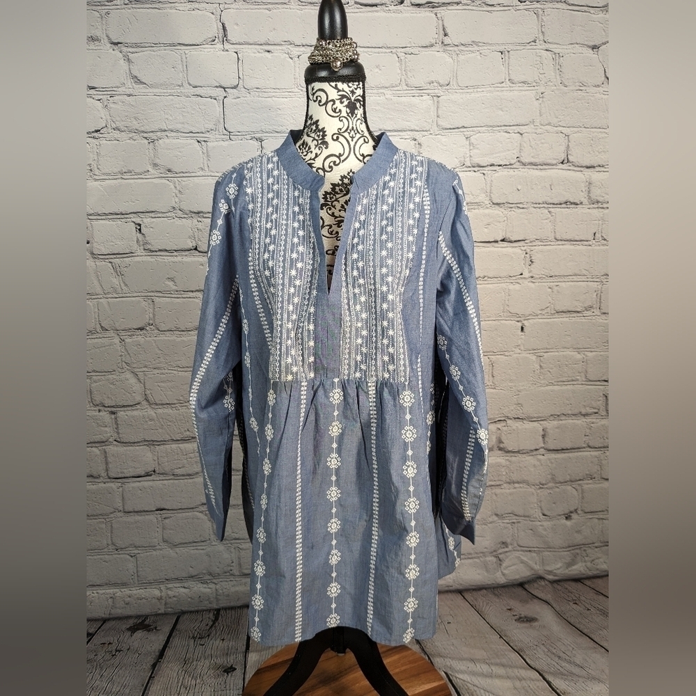 Diane Gilman women's long sleeve popover size 2x embroidered chambray top BBIN